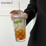 600ML Stripe Glass Coffee Cup With Lid and Without Cover Straw Transparent Drinking Glasses for Juice Iced Coffee Mugs Drinkware 3