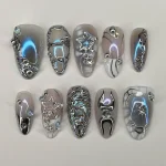 24Pcs False Nails Spicy Girl Silver Bow with Diamond Fake Nails with Glue Almond Press on Nails Black Cool Y2k Almond Nail Set 2