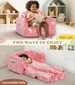 2-in-1 Glow in Dark Kids Sofa with Blanket & Pillow, Foldable Toddler Couch for Girls Boys, Medium Pink 5