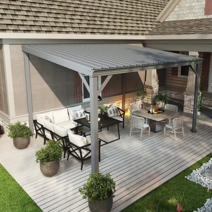 10’x12’ Wall-Mounted Hardtop Gazebo Pergola – Permanent Lean-to Outdoor Shelter – Grey Metal Patio Cover for Backyard, Garden