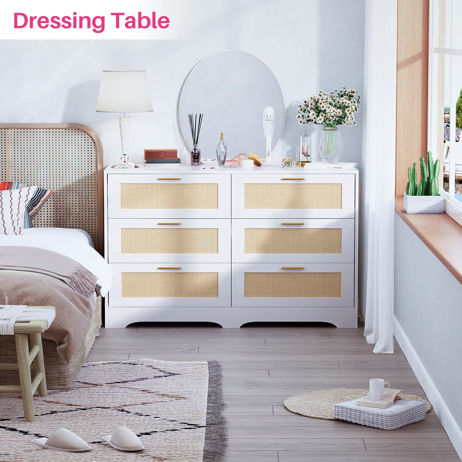 REDLIFE 47.24" Rattan Dresser with 6 Drawers ,Modern Chest Wood Storage Closet w/ Golden Handles for Bedroom Living Room Hallway REDLIFE 47.24" Rattan Dresser with 6 Drawers ,Modern Chest Wood Storage Closet w/ Golden Handles for Bedroom Living Room Hallway