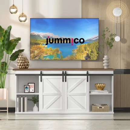 TV Stand for 65 Inch TV, Entertainment Center with Storage Cabinets and Sliding Barn Doors, Mid Century Modern, Customized