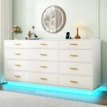 12 Drawer Dresser for Bedroom, 63'' Modern Chest of Drawers with Power Outlets & LED Lights, Wood Dresser for Living Room