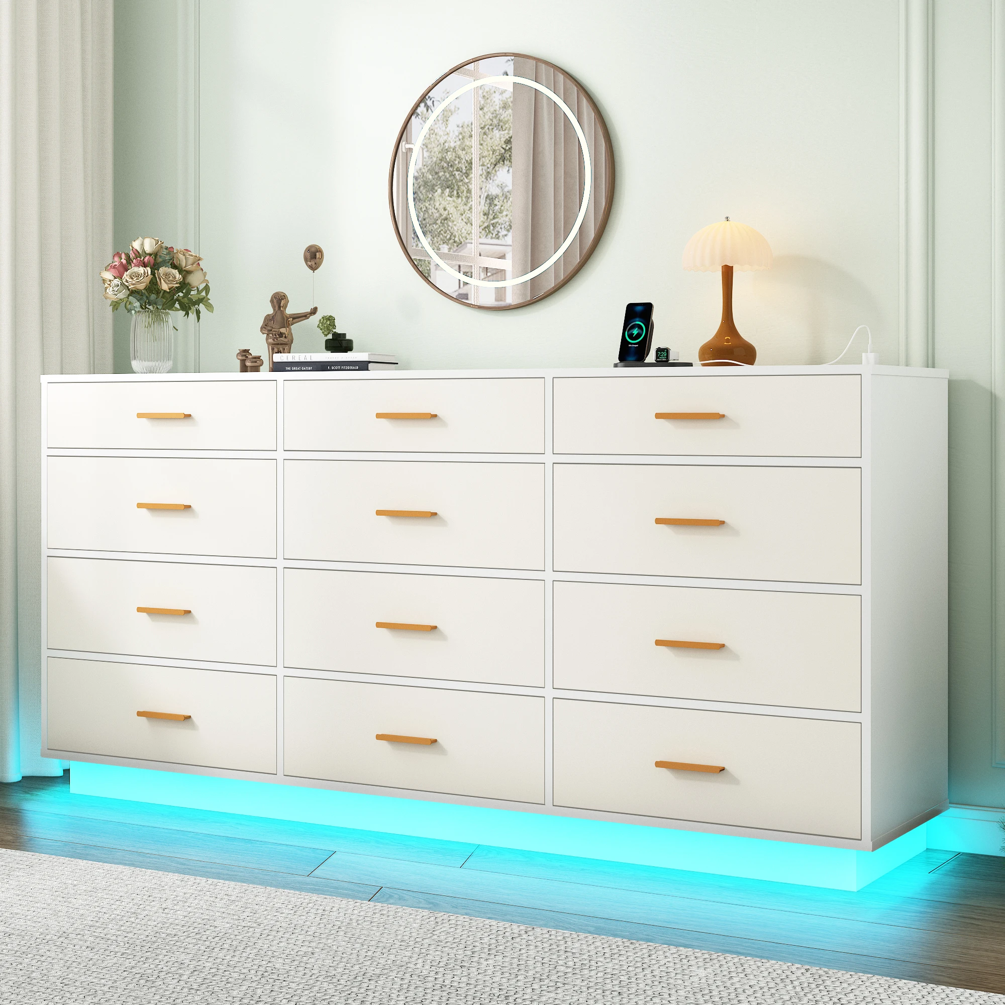 12 Drawer Dresser for Bedroom, 63'' Modern Chest of Drawers with Power Outlets & LED Lights, Wood Dresser for Living Room 12 Drawer Dresser for Bedroom, 63'' Modern Chest of Drawers with Power Outlets & LED Lights, Wood Dresser for Living Room