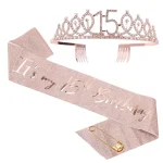 2pcs/set 13th 15th 18th Birthday Sash and Tiara for Girls Rose Gold Birthday Sash Crown for Happy Birthday Party Favor Supplies 4