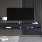 71" Floating TV Stand for 75/80" TV, Wall Mounted LED TV Stand w/Power Outlets, Modern High Gloss Media Console, White/Black 2