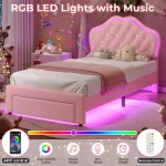 Twin Size Girl Bed with Storage Drawer & LED Lights, Upholstered Platform Bed, Adjustable Headboard with Velvet Crystal Button P 5