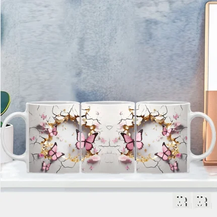 3D Crack In A Wall Butterfly Mug Wrap,Flower Tea Cup Mugs,Ceramic Sublimation Coffee Mugs, 330ML