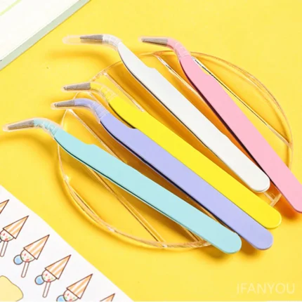 Stainless Steel Straight Curved Tweezers Colorful Pink Blue Purple DIY Eyelash Tweezer Nail Art Sticker Rhinestones Picking Tool