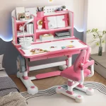Children Study Table Chair Set with Sitting Corrector Height Adjustable Kids Study Desk Chair Set with Book Stand Foot Pedal