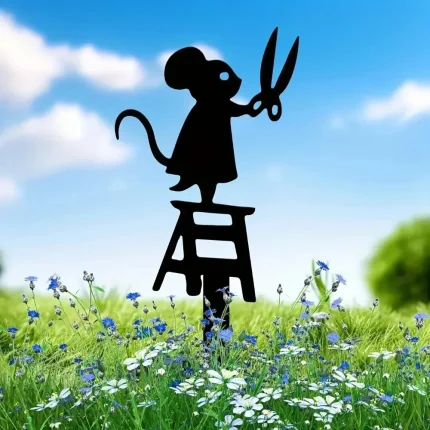 1pc silhouette metal garden post with scissors mouse design, art deco lawn sign, creative animal sculpture decorations