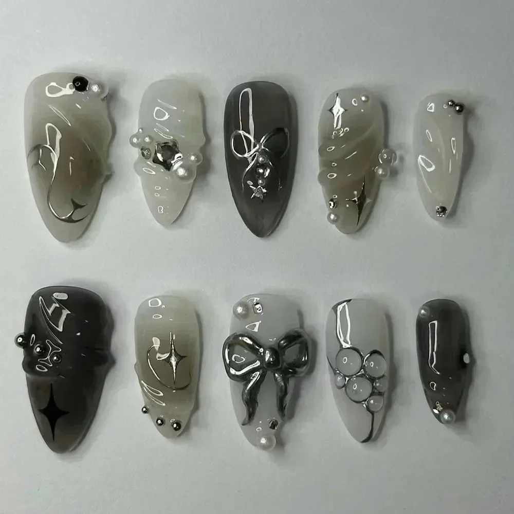 24Pcs False Nails Spicy Girl Silver Bow with Diamond Fake Nails with Glue Almond Press on Nails Black Cool Y2k Almond Nail Set 24Pcs False Nails Spicy Girl Silver Bow with Diamond Fake Nails with Glue Almond Press on Nails Black Cool Y2k Almond Nail Set