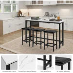 4-Piece Bar Table and Chairs Set with 3 PU Upholstered Bar Stools, 60.2 Faux Marble Table Top, Modern Counter Height Tab 5