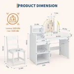 Kids Vanity with Lights, 2 in 1 Princess Makeup Vanity Desk & Chair Set, Toddler Vanity Table with Open Bookshelf for Girls 4