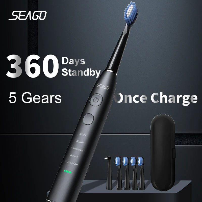Seago Electric Toothbrush USB Rechargeable Adult 360 Days Long Battery Life IPX7 4 Replacement Heads Travel Box SG-575 Seago Electric Toothbrush USB Rechargeable Adult 360 Days Long Battery Life IPX7 4 Replacement Heads Travel Box SG-575