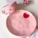 Salad Bowl Pink Heart Pattern Ceramic Plate Coffee Cup Children Dessert Bowl Household Cute Dinner Plates Restaurant Tableware 3