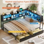 DICTAC Full Corner Bed Frame with Bookcase Storage and Led Lights Metal Platform Bed Frame with 2 Drawers and Charging Station F 6