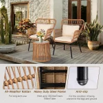 3 Piece Outdoor Wicker Bistro Set, Patio Conversation Sets w/2 Large Rattan Chairs and Tempered Glass Table, Patio Furniture 3