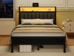 Full/Queen size bed frame with charging station, LED bed frame, headboard with frame, platform bed frame, soft cushion bed frame 2