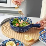 Bohemian Ceramic Hand-Painted Embossed Patterned Salad Bowl with Handle Kitchen Bakeware Microwave & Oven Safe 1 pc 5