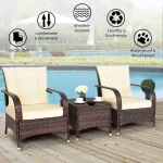 3 Piece Patio Furniture Set, 2 Wicker Chairs with Glass Top Coffee Table, Outdoor Garden Porch Poolside Furniture, Customized 5