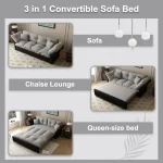 74.8' Queen Velvet Pull Out Sofa Bed, Luxury Futon Couch for Living Room, Office, RV (Grey) 3