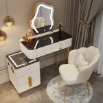 Nordic Glass Luxury Dressing Table with Smart Wireless Charging Bedroom Vanity Nightstand Makeup Table with Cloud Mirror Dresser 6