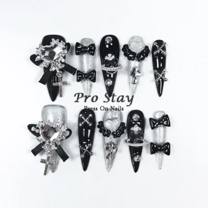 10pcs Dark black Y2k Hot Girl Handmade Press On Nails Sweet Cool  With Diamond Metal Decoration Wearable Artificial False Nail