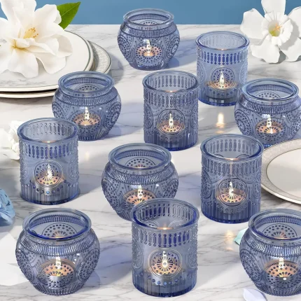 24 Pcs Blue Votive Candle Holders for Wedding Decor, Vintage Glass Centerpiece Set for Home Party