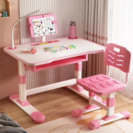 Kids Study Desk Chair Set Height Adjustable Children Writing Table with Reading Stand LED Table Light Bedroom Kid Learning Table