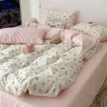 Pink Floral Bedding Set Soft Ins Single Double Queen Size Duvet Cover Flat Sheet Pillowcase Girls Home Totel Bed Linens 2