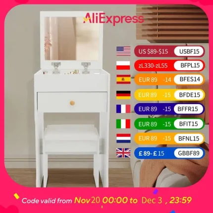 40*37cm Vanity Table with Mirror, Compact Makeup Vanity with Storage Compartments and Stool, Dressing Table for Bedroom White