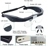 Head-mounted Magnifying Glasses With 2 LED Light For Reading Watchmaker Repair USB Rechargeable Magnifier 1.5X 2.5X 3.5X 5.0X 4
