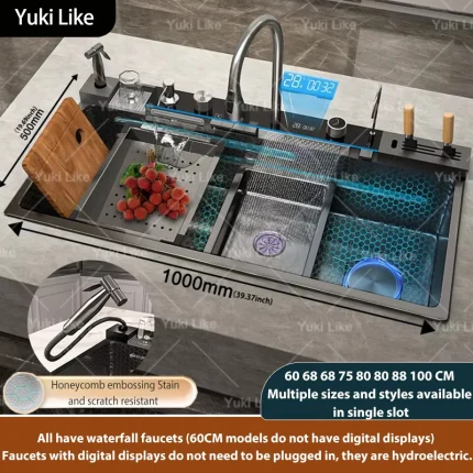 Stainless Steel Waterfall Kitchen Sink New Embossed Extra Large Single Slot Modern Digital Display Multifunctional Kitchen Sinks