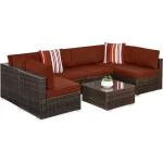 7-piece modular outdoor sectional wicker patio conversation set w/ 2 pillows, coffee table, cover included - brown/dark rust