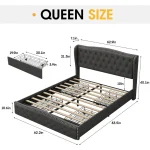 Vabches Queen Size LED Bed Frame with Storage Drawers and Charging Station, Upholstered Platform Bed Frame with Wingback Headboa 2
