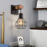 China Wall Sconce Modern Retro Bedside Wall Lamp Cage Light Black Color with Wooden Base Bracket Light for Aisle Indoor WL0334 3