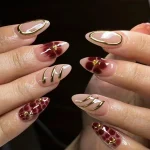 24Pcs Autumn Winter Matte Almond False Nails with Glue Rose Leaf Printing Nail Art Simple Full Cover Press on Acrylic Nails Tips 6
