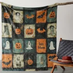 1 Vintage Halloween Flannel Throw Blanket - Cozy & Soft with Pumpkin,, and Bat Motifs, Perfect for Couch, Bed, Car, Office, Camp