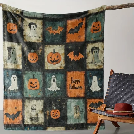 1 Vintage Halloween Flannel Throw Blanket - Cozy & Soft with Pumpkin,, and Bat Motifs, Perfect for Couch, Bed, Car, Office, Camp