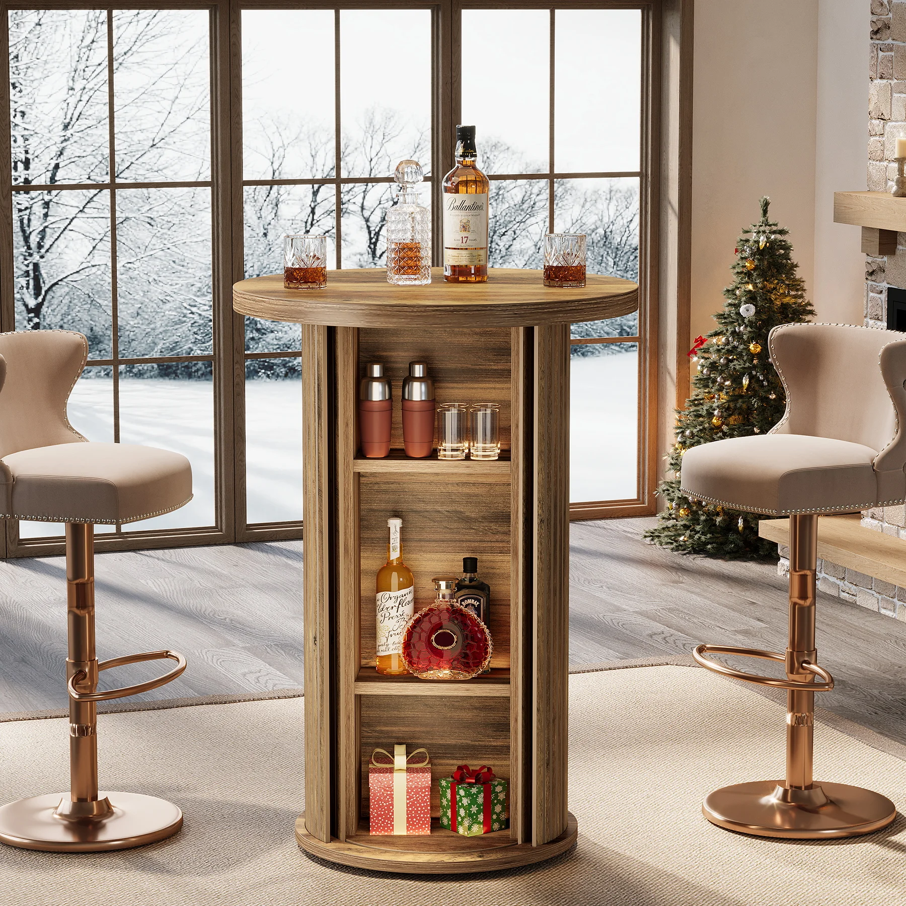 Tribesigns 35.4" Round Bar Table, Rustic Cocktail Table with 3-Tier Hidden Storage Shelves, Bistro High Top Pub Table Tribesigns 35.4" Round Bar Table, Rustic Cocktail Table with 3-Tier Hidden Storage Shelves, Bistro High Top Pub Table