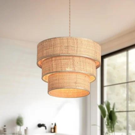 Rattan Plug in Pendant Light, 3 Tier Plug in Chandelier with Boho Wicker Lampshape Hanging Lamp
