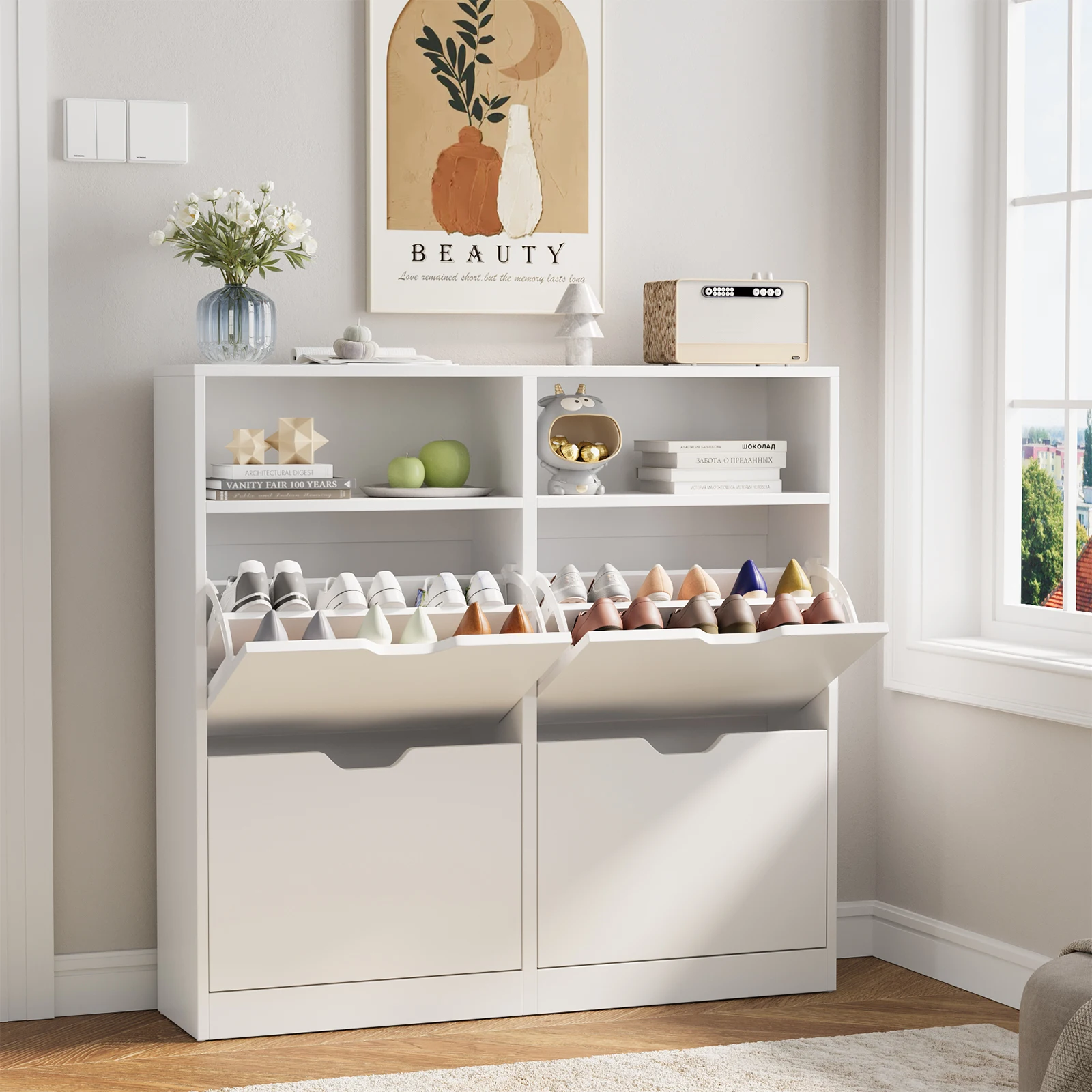 VOWNER Shoe Storage Cabinet with 4 Flip Drawers, Freestanding Shoe Cabinet VOWNER Shoe Storage Cabinet with 4 Flip Drawers, Freestanding Shoe Cabinet