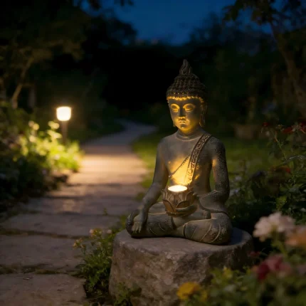 Buddha Statue with Solar Light Home Garden Decor Sitting Meditating Buddha Figurines for Outdoor Patio Yard Lawn Ornaments