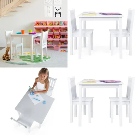 White Square Toddler Table and 2 Chairs Set - Sturdy Wooden Furniture for Arts, Crafts, and Snacks