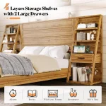 Farmhouse Style King Bed with Wide Headboard, 4-Tier Shelves, Charging Station, 2 Drawers, No Box Spring Required, Natural Oak F 3