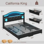California King Bed Frames, Cal King Bed Frame with Storage Headboard & 6 Drawers, Platform Bed with with LED Lights & Charging 2