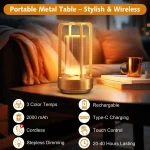 Cordless Rechargeable Portable Table Lamp - 3 Color Dimmable Metal Light for Home & Outdoor 3