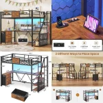 Twin Size Metal Loft Bed with L-Shape Desk, Wardrobe, Storage Stairs, 3 Drawers, LED Lights, Charging Station, Rustic Brown