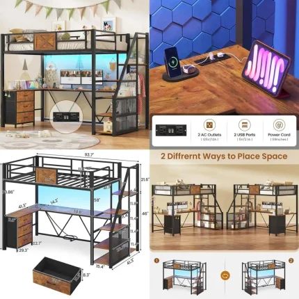 Twin Size Metal Loft Bed with L-Shape Desk, Wardrobe, Storage Stairs, 3 Drawers, LED Lights, Charging Station, Rustic Brown